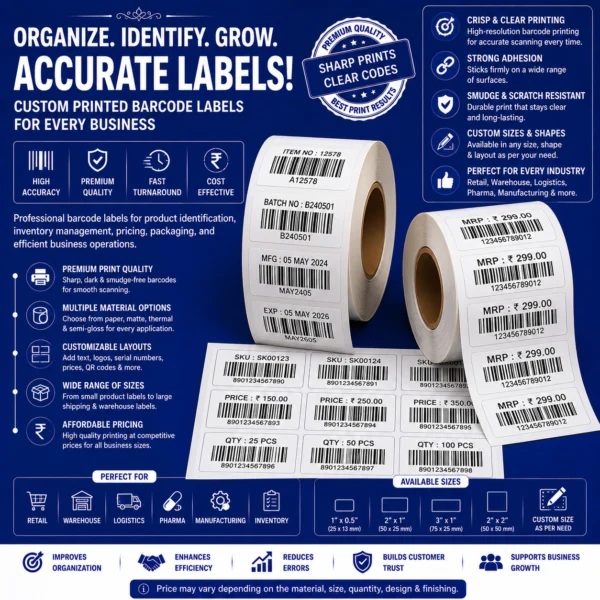 Custom barcode label printing with clear scannable barcodes by BG Printers in Nabarangpur