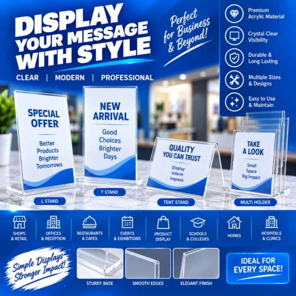 Custom acrylic display boards and stands for shops and offices in Nabarangpur