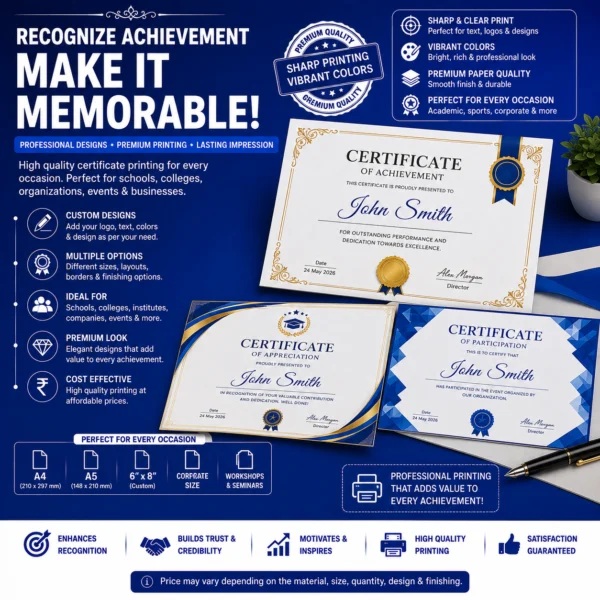 Custom certificate printing with premium designs by BG Printers in Nabarangpur