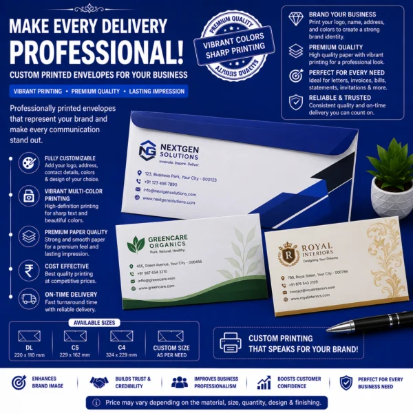 Custom printed envelopes with professional business branding by BG Printers in Nabarangpur