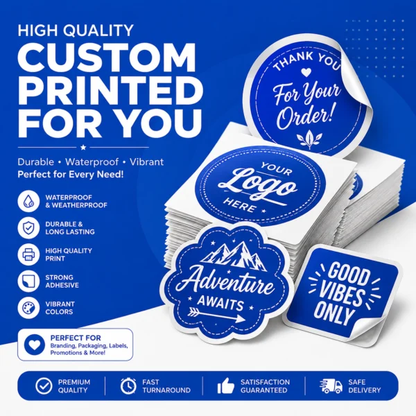 Custom printed waterproof stickers with vibrant colors and durable adhesive