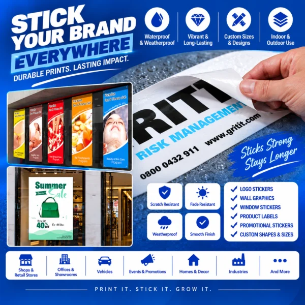 Custom waterproof vinyl sticker printing for branding and outdoor use in Nabarangpur