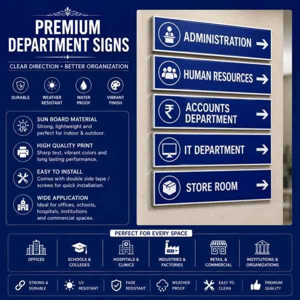Custom department signs on sunboard for offices in Nabarangpur