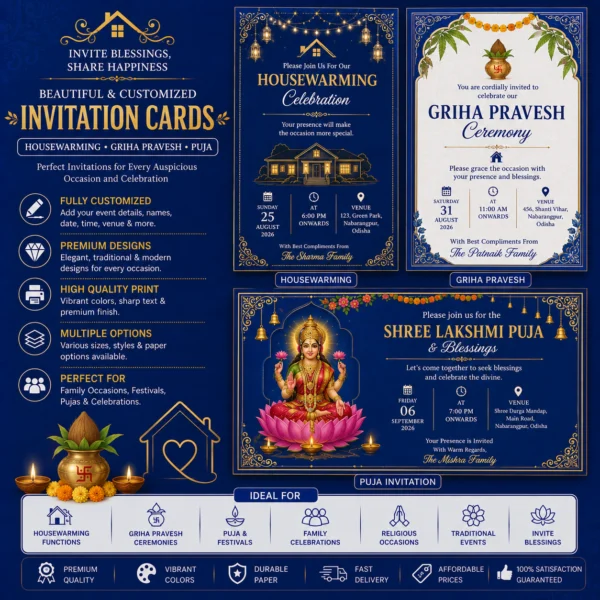 Traditional Hindu housewarming Griha Pravesh and puja invitation cards in Nabarangpur Odisha