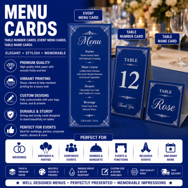 Custom menu cards table number cards and table name cards in Nabarangpur Odisha