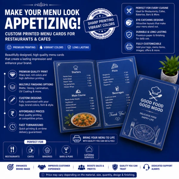 Custom restaurant and cafe menu card printing by BG Printers in Nabarangpur