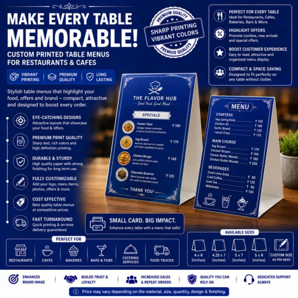 Custom table menu card printing for restaurants and cafes by BG Printers in Nabarangpur