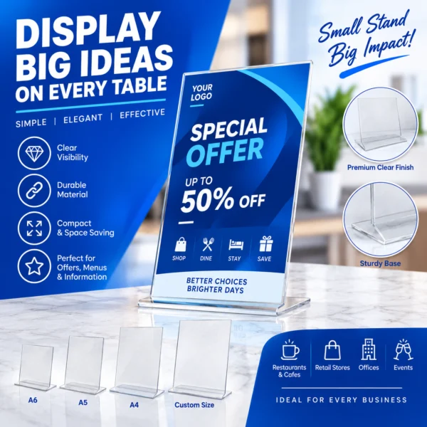 Clear acrylic tabletop display stand for menus and promotional messages in Nabarangpur