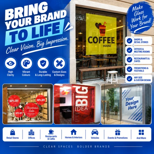 Transparent vinyl printing for glass windows, doors and shop branding in Nabarangpur