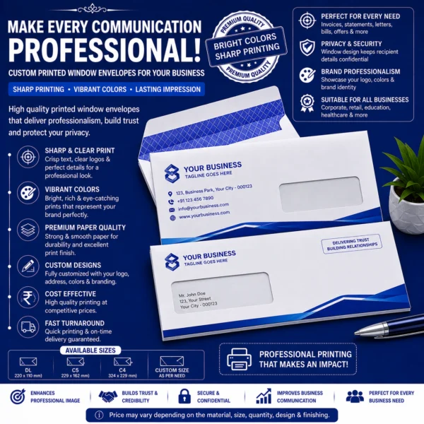 Custom printed window envelopes with professional branding by BG Printers in Nabarangpur